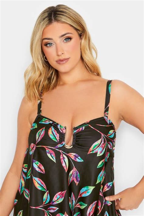 Yours Curve Plus Size Black Tropical Print Tankini Top Yours Clothing