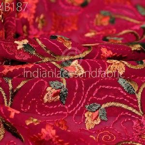 Red Indian Embroidered Fabric By The Yard Georgette Embroidery Etsy