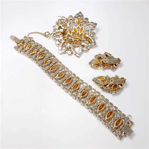 Vintage Demi Parure Aurora Borealis And Amber Crystals Earrings Bracelet Necklace For Sale At