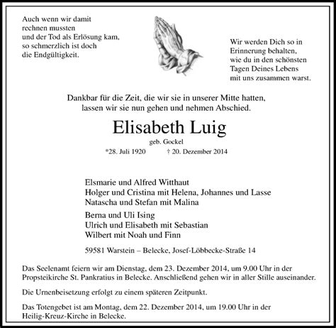 Traueranzeigen Von Elisabeth Luig Trauer In Nrw De