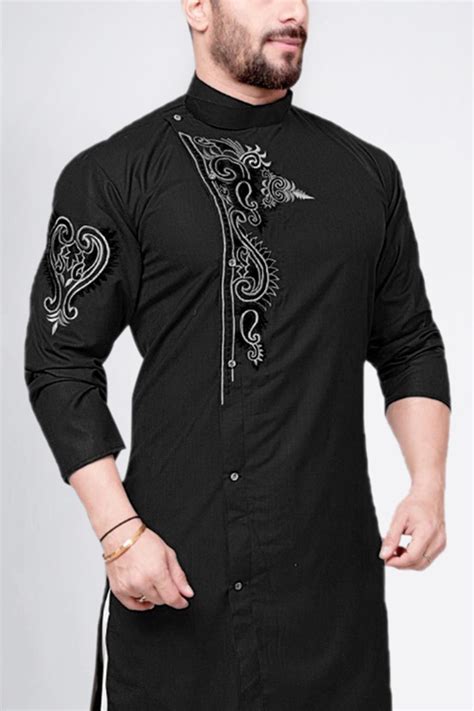 Men S Blended Cotton Embroidered Kurta Set In Black