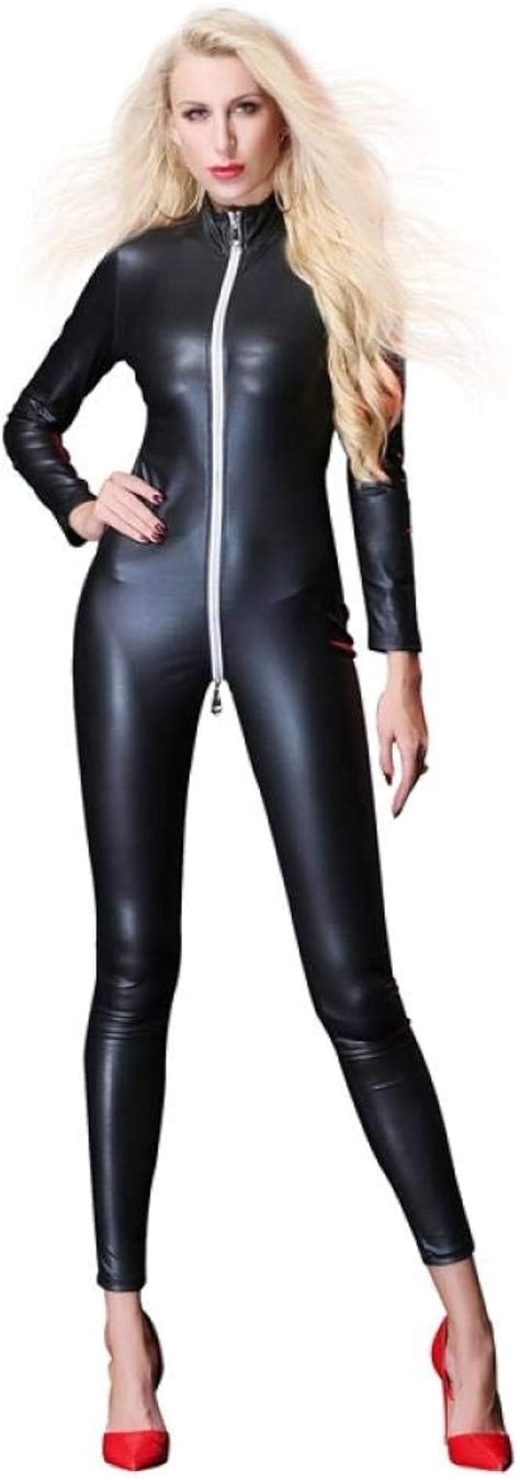 Sexy Fétiche Lingerie Noir Faux Cuir Catsuit Pvc Latex Body Avant