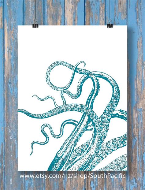 Octopus Prints Aqua Blue Tentacles Kraken Nautical Art Set Of Etsy