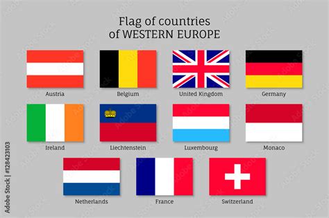 Set of flags of Western Europe countries. 11 ensigns of Western Europe ...