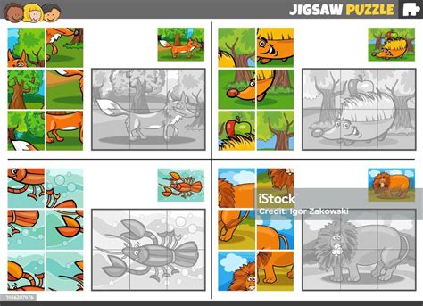 Jigsaw Puzzle Games Set With Cartoon Wild Animals Stock Illustration - Download Image Now ...