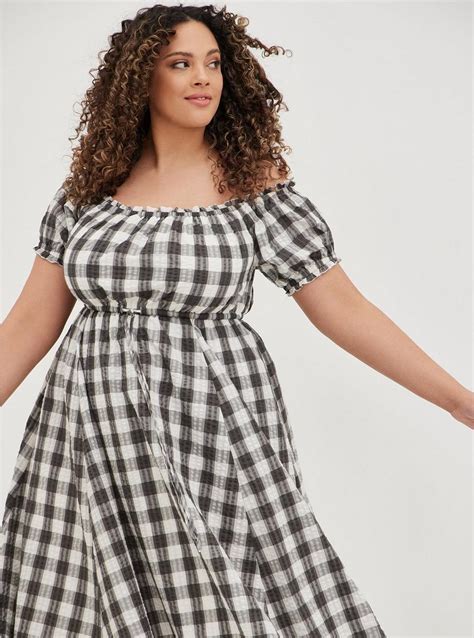 Plus Size Off Shoulder Peasant Midi Dress Seersucker Gingham Grey