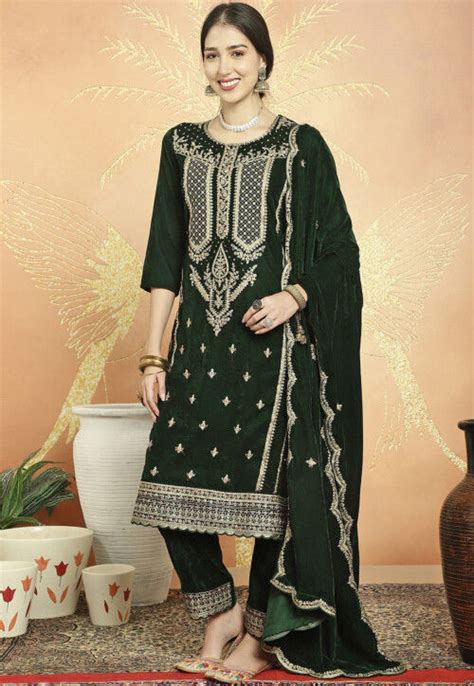 Embroidered Velvet Pakistani Suit In Dark Olive Green Kpv