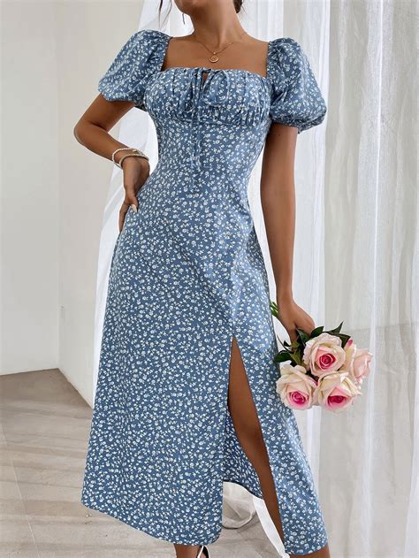 Blue And White Ditsy Floral Print Dress