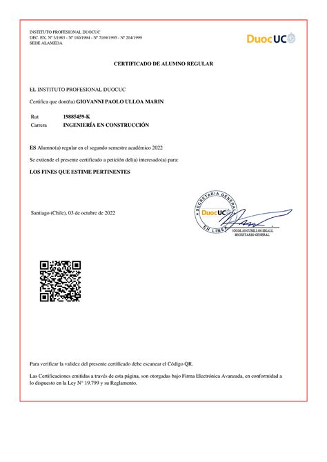 Certificado Duoc Informe Obras Viales Instituto Profesional