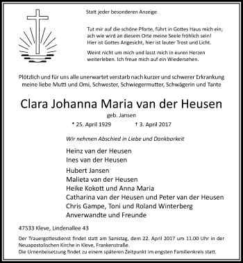 Alle Traueranzeigen F R Clara Johanna Maria Van Der Heusen Trauer Rp