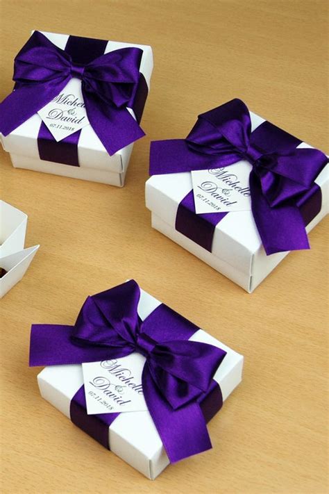 Purple Wedding Favor Personalized Boxes With Satin Ribbon Etsy