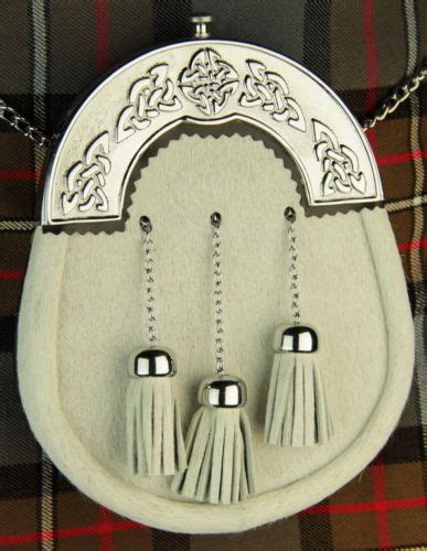 New Celtic Design White Fur Sporran With 3 White Fur Tassels Sporran