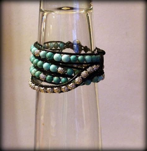 Turquoise Silver And Black Leather Bead Wrap Bracelet