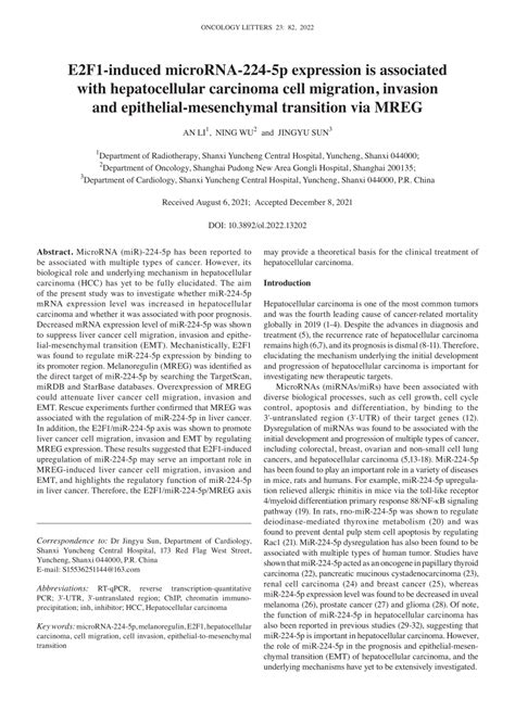 Pdf E2f1 Induced Microrna 224 5p Expression Is Associated With