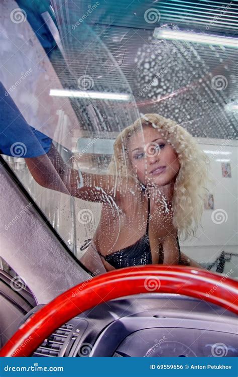 Blonde Washing A Car Stock Photo Image Of Foam Auto 69559656
