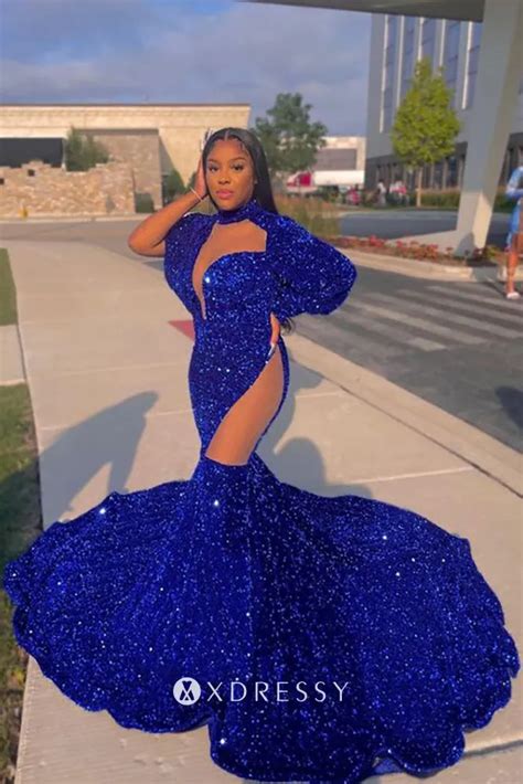 Unique Blue Sequin Cut Out Mermaid Black Girl Prom Gown Xdressy