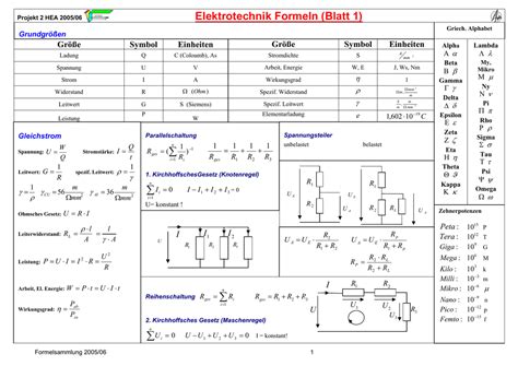 Elektrotechnik Formeln Blatt