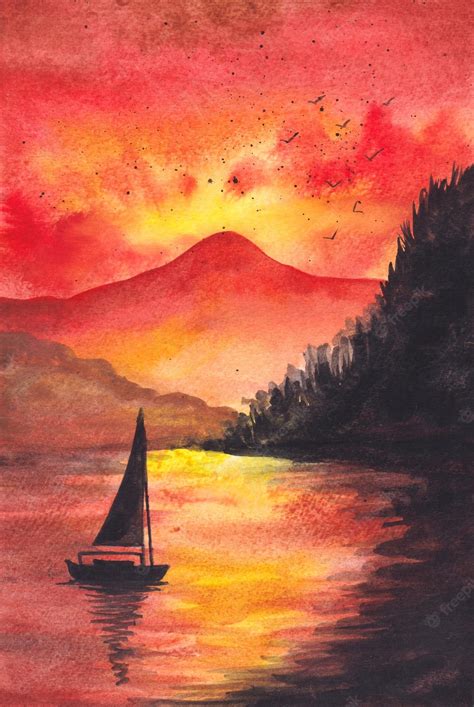 Premium Photo Beautiful Sunset Landscape Watercolor Painting Background