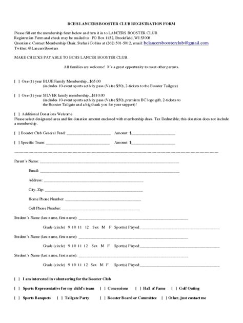 Fillable Online Bchs Lancers Booster Club Registration Form Fax Email