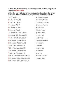 Ir Ser Dar Ver Matching Practice Present Preterit Imperfect Tenses