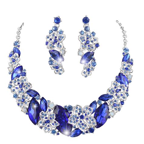 Royal Blue Color Statement Necklace Earrings Set Bridal Wedding Jewelry