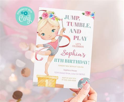 Gymnastics Birthday Invitation Instant Download Editable Rainbow Girl