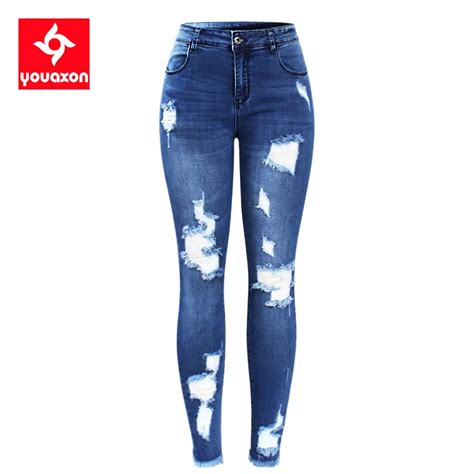 Youaxon — Pantalon Bleu Déchiré Ultra élastique En Denim Pour Femme