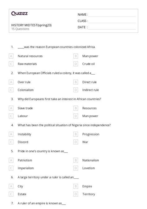 50 Modern World History Worksheets For 4th Class On Quizizz Free