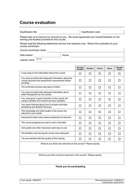 Course Evaluation Form In Word And Pdf Formats 39468 Hot Sex Picture