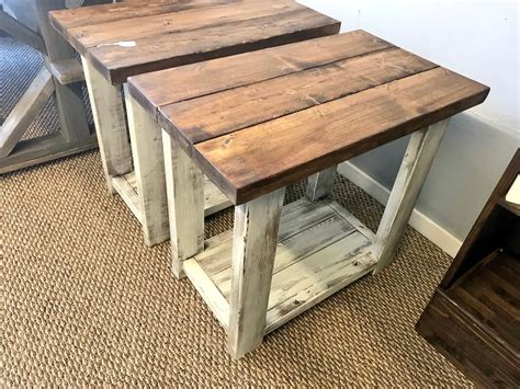 Rectangle End Tables Set With Shelve Distressed White Base Etsy