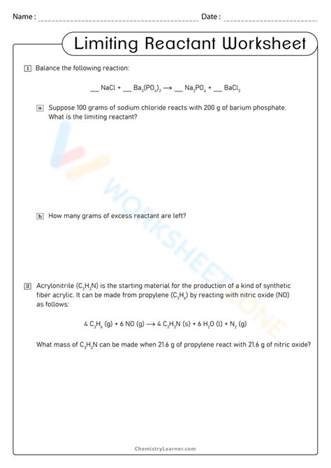 Limiting Reactant Example Worksheet