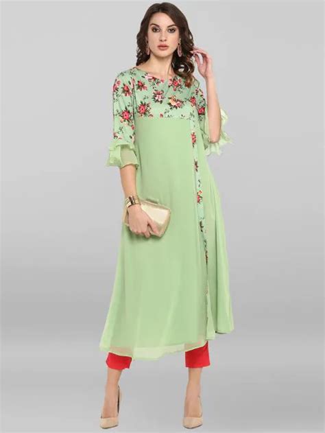 Buy Janasya Women Light Green Floral Poly Crepe Kurta Online At Best