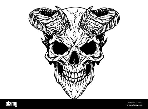 Devil Skull With Horns Hand Drawn Ink Sketch Engraved Style Vector