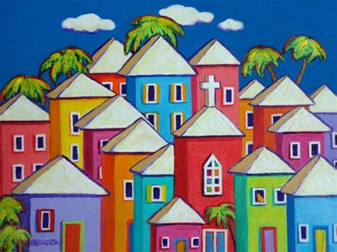 Colorful Houses Folk Art Glicee Print 9x12 12x16 18x24 by korpita