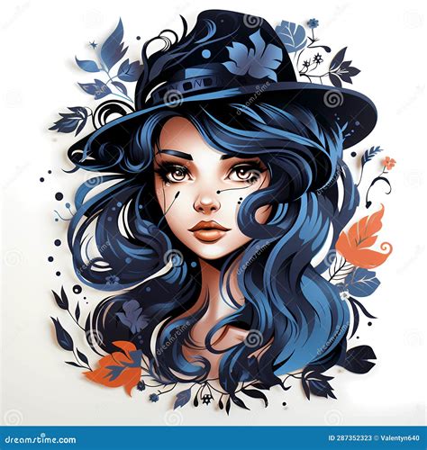 Drawing Of Woman With Blue Hair And Hat Generative Ai Stock