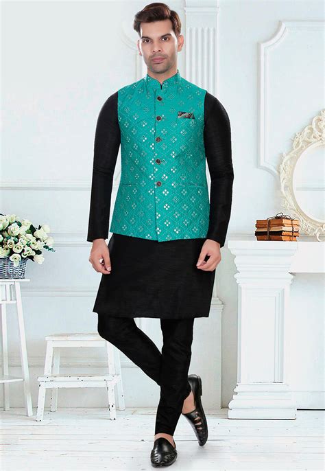 Embroidered Art Silk Nehru Jacket In Teal Blue Mhg2333