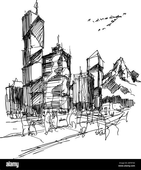 Hand Drawn Architectural Sketch Of A Modern City With High Buildings