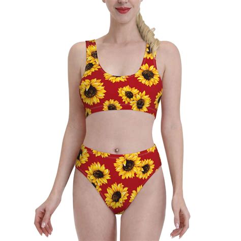 Lukts Women High Waisted Bikini Set Sunflowers On Red Swimsuit Piece