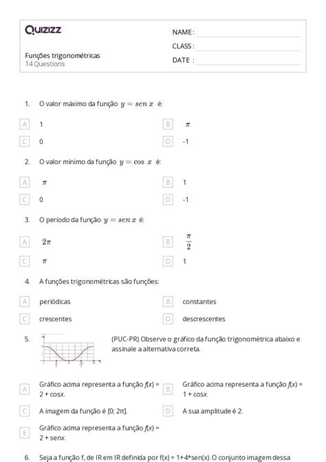 Funções Trigonométricas Inversas Imprimível 9ª Série Planilhas Quizizz