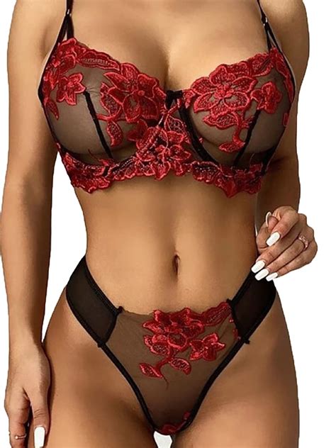 Wtpretty Womens Sexy Floral Embroidery Lingerie Set Bra Thong Bikini