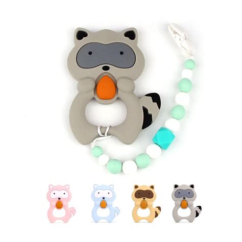 TYRY HU Original Raccoon Teether Baby Teething Silicone Pacifier Clips