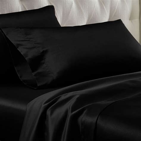 4 Piece Satin Queen Sheet Set In Black Fitted Bed Sheets Black Bed