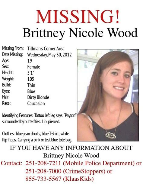 Brittney Nicole Wood Missing Since May 30th 2012 Tillmans Corners Al