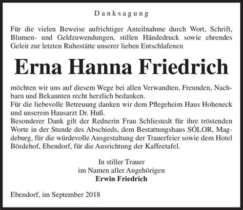 Traueranzeigen Von Erna Hanna Friedrich Abschied Nehmen De