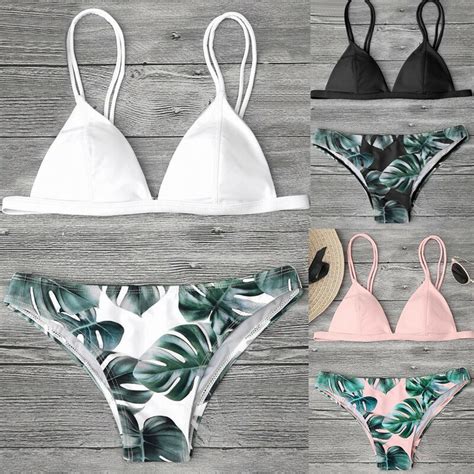 High Waist Women Swimwear Bikini Mujer Set Print Leaves Push Up Padded