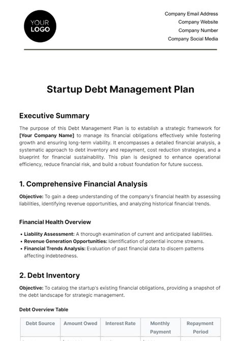 Free Startup Debt Management Plan Template Edit Online And Download