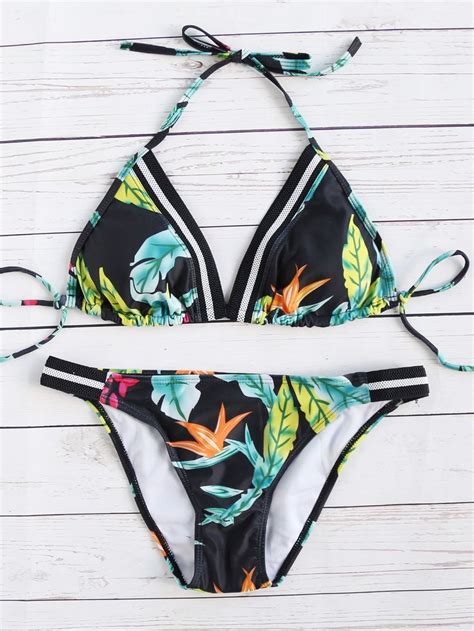 Shop Black Tropical Print Striped Detail Triangle Bikini Set Online