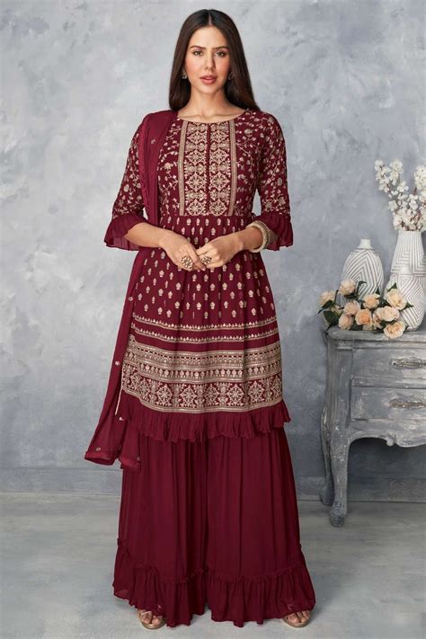 Georgette Eid Sharara Suit In Maroon With Embroidered Ss