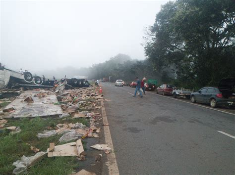 Caminhão 20 toneladas de frango tomba na BR 060