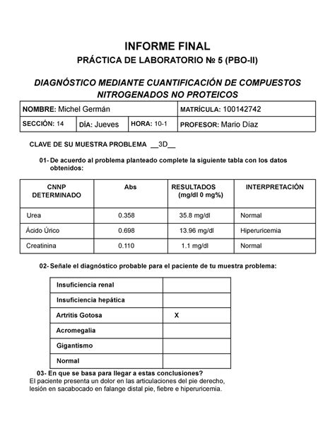 Caso Clinico Informe De Bioq Ii Bioqu Mica Ii Uasd Studocu